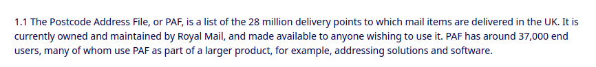 OFCOM excerpt stating that the Postcode Address File is currently owned and maintained by Royal Mail;